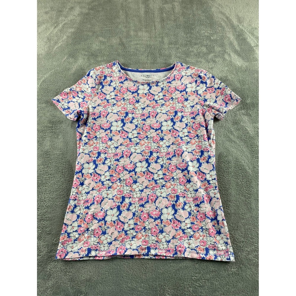 Talbots Petite Womens Floral Crew Neck Short Sleeve T-Shirt Pink Blue P Cotton